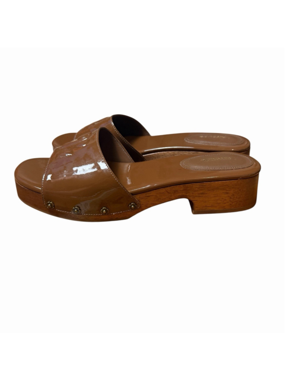 LARROUDE Zuzi Mule Sandals Patent Leather Wood Burnt Umber Size 9 WORN ONCE $315 - Picture 5 of 10